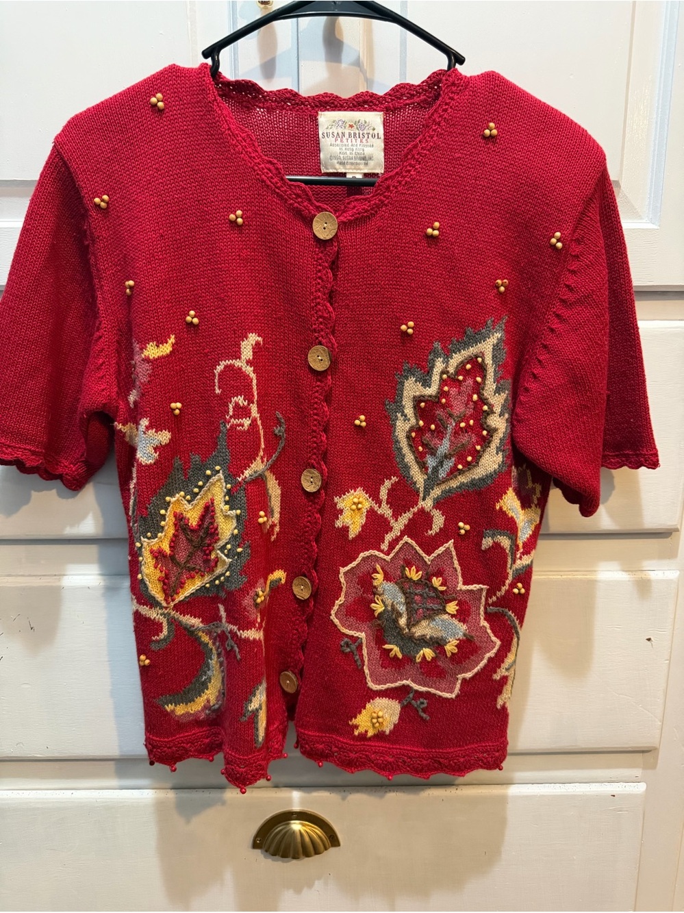 Vintage Susan Bristol Sweater Womens Petite Red Hand Embroidered Cardigan Floral